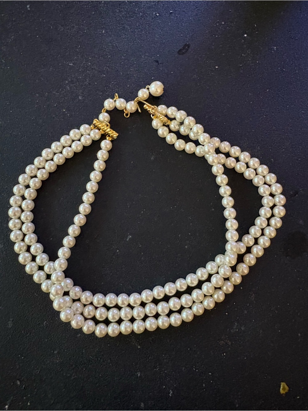 Vintage Triple-Strand Pearl Necklace - Gold Accents 14”